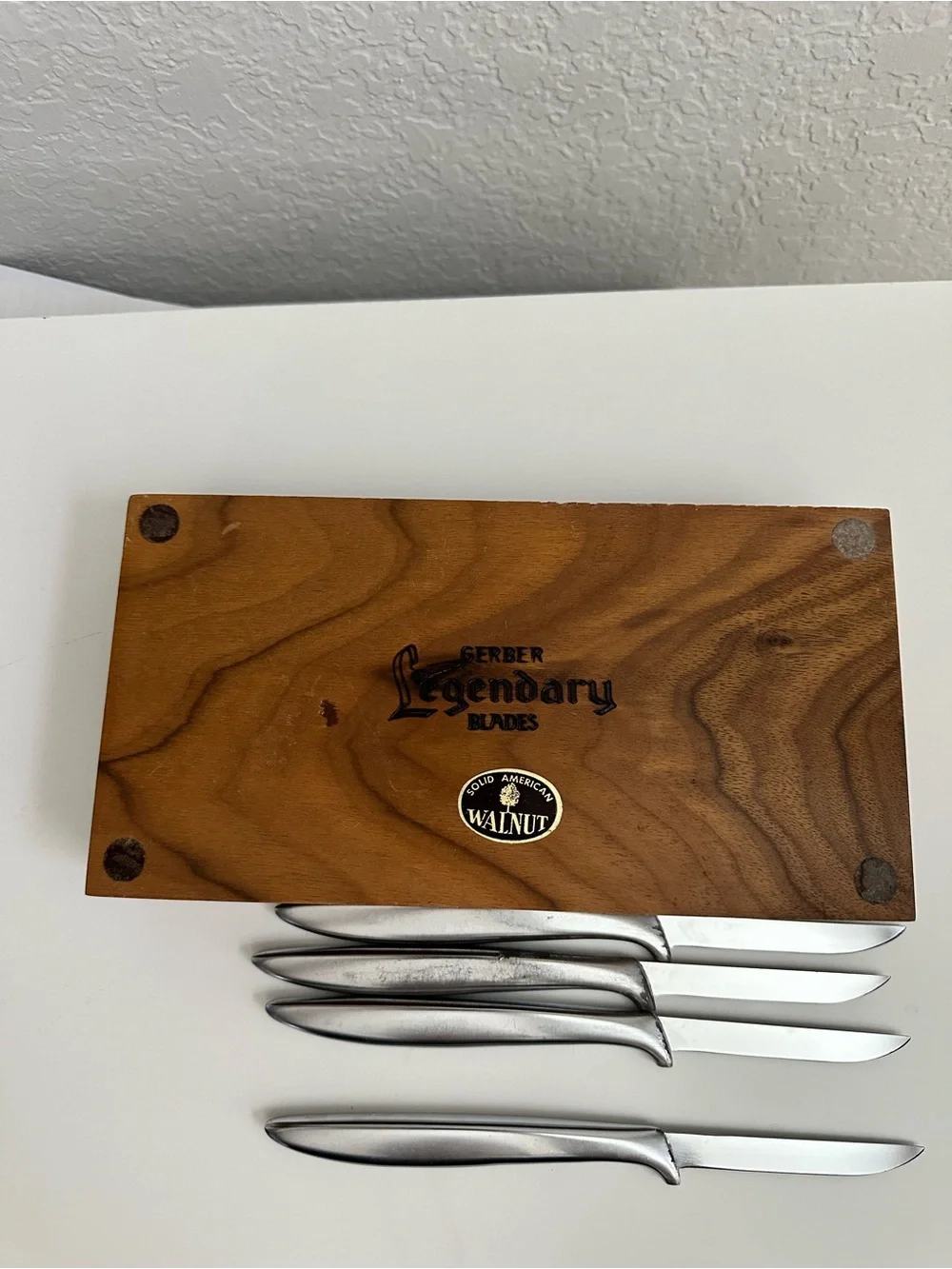 Vintage Gerber Miming Legendary Blades-Steak Knives-Set of 4-Original Walnut Box